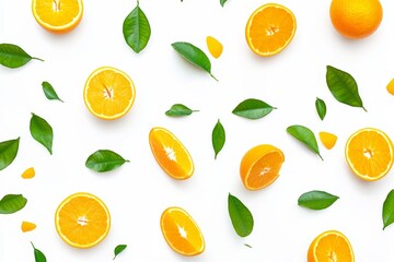 Wall Mural - In the background, you can see a falling fresh orange slice with green leaves, a popular fruit that is high in nutrients and vitamins.