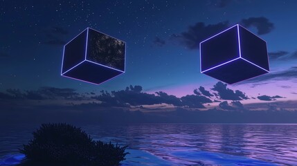 Poster - Surreal landscape with glowing neon circle and cube flying in the air over aurora sky background, 3D render.