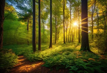 vibrant forest landscape dynamic lighting effects showcasing lush tall sunlight colorful flora, adventure, ambiance, atmosphere, beams, biodiversity, blue