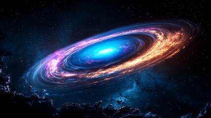 a majestic spiral galaxy swirls in space, filled with stars and glowing nebulae.