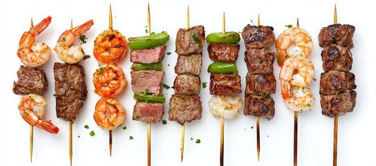 Poster - Isolated grilled meat, pork, and shrimp skewers with various vegetables as well as flay laid roasted street food.