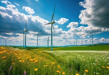 vibrant landscapes featuring renewable energy advancements wind solar lush greenery under bright blue skies, turbine, panel, sky, nature, technology