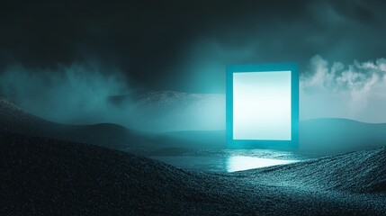 Aufkleber - Surreal landscape with square blue neon light portal, abstract fantasy gate on beautiful night sky backdrop in 3D.
