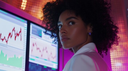 Poster - Trader trading NFT or bit: Stock market hologram or hologram of a woman viewing a finance chart stock market database or futuristic night overlay for Web ecommerce or a girl trading forex hologram