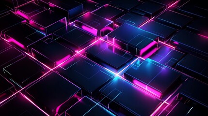 Leinwandbilder - Floating cube with abstract highway patch, neon pink speed light trail, 3D rendering concept.