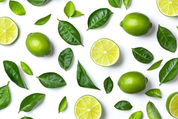 Poster - An isolated lime fruit with a cut slice and green leaves on a white background, flight of citrus limes.