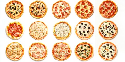 Canvas Print - Various tasty pizzas isolated on background, popular fast food, flat lay pizzas.