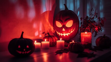 A Halloween pumpkin glows warmly among candles and fall leaves.