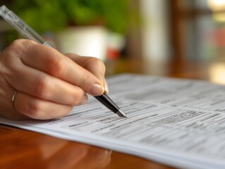 Closeup of woman's hand signing a financial document on a desk in an office