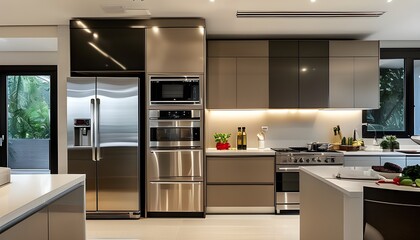 Sleek modern kitchen showcasing contemporary design, stainless steel appliances, and abundant natural light