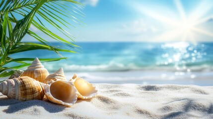 Poster - There is a beautiful beach with clear blue water, white sand, and seashells at the shoreline.
