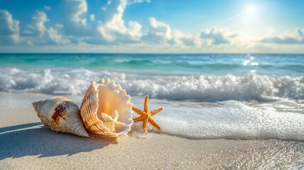 Poster - An image of a beautiful beach scene with white sand, blue water, and vibrant coral reef on the left