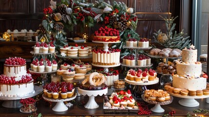 Wall Mural - A festive dessert table filled with cakes, cookies, and holiday treats