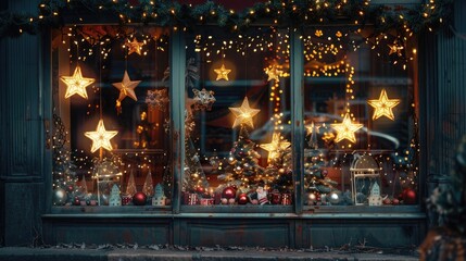 A festive holiday window display with twinkling lights and Christmas decorations