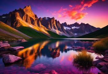 Wall Mural - stunning vast mountain landscape framed vibrant sunset hues showcasing majestic peaks colorful skies, sky, nature, scenery, view, horizon, beauty