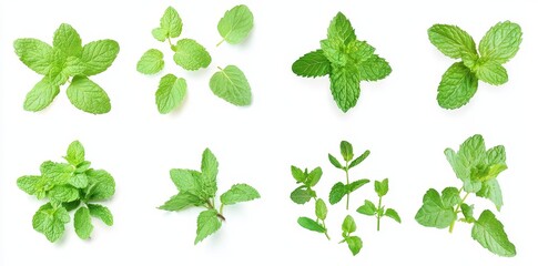 Wall Mural - Isolated set of fresh green peppermint leaves for garnishing food, desserts, and drinks.