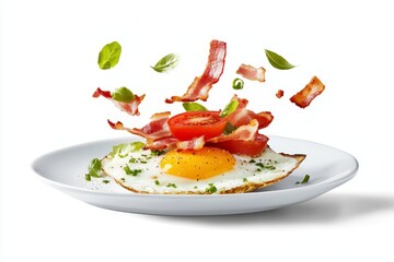 Poster - An isolated background shows fried eggs with beef mince meal on a white plate with falling crumbs, peppers, and tomatoes in the air.