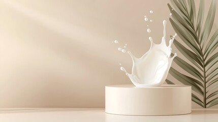 Aufkleber - mockup of a cream product podium with dynamic liquid milk splashes on a light gold background, paire
