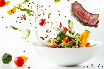 Poster - Mixed beef cube salad with broccoli, peppers, and chili falling in the air isolated on a white background.