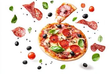 Poster - In the background is an isolated background with a wooden pizza menu with falling ingredients tomato, peppers, and parsley.