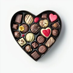 Poster - Gift box full of gourmet chocolates on a heart-shaped background with decorative ribbon, top Valentine's Day gift, isolated on transparent or white background, clipping path included