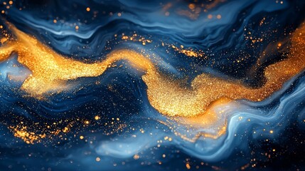 Wall Mural - Blue and gold swirls create a mesmerizing visual experience in this vibrant abstract art.