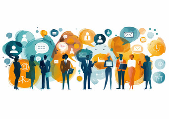 Poster - Professional Business People Interacting in Modern Vector Illustration with Speech Bubbles and Business Icons, Collaborative Office Environment, Communication and Networking, Minimalistic Design