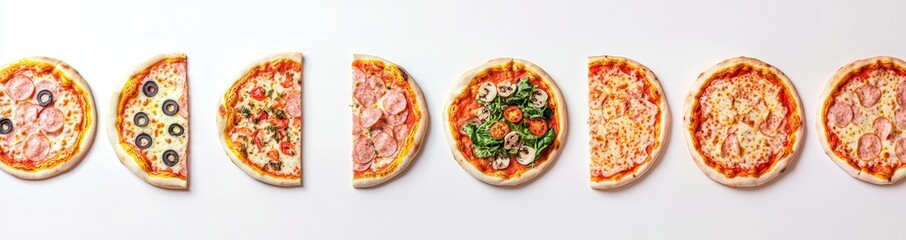 Poster - Slices of pizza topping isolated on a white background. Delicious fast food with high calorie contents.