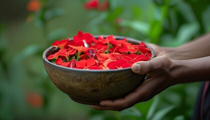 Vibrant red flowers in a rustic bowl against a backdrop of blurred greenery