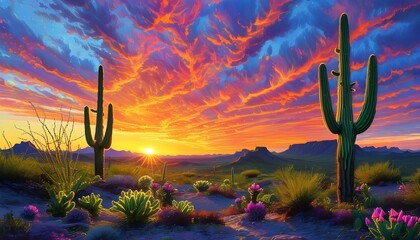 Majestic saguaro cactus bathed in sunset hues against a vibrant desert sky, evoking a magical and surreal ambiance.