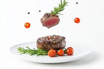 Poster - Griddle beef meat steak menu on white plate with peppers, rosemary, and tomatoes falling in the air.