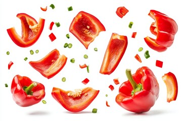 Poster - Sweet peppers for seasoning or garnishing food, falling red bell pepper slices isolated against a white background.