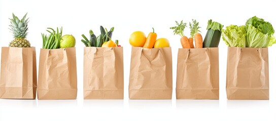 Canvas Print - Grocery paper bag full of fruits and vegetables, ready for delivery, isolated on a blue background.