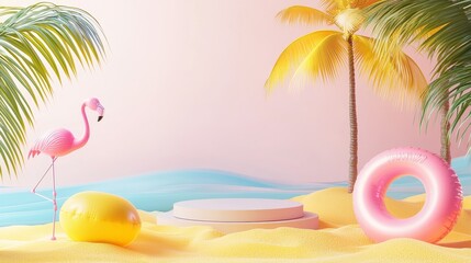 Poster - Animated 3D render of a display podium on a summer beach sea background with a blank white circle, a scene for advertising decorated with elements of the season.