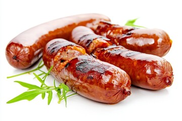 Poster - An appetizer menu featuring delicious grilled bbq pork sausages isolated on a white background.