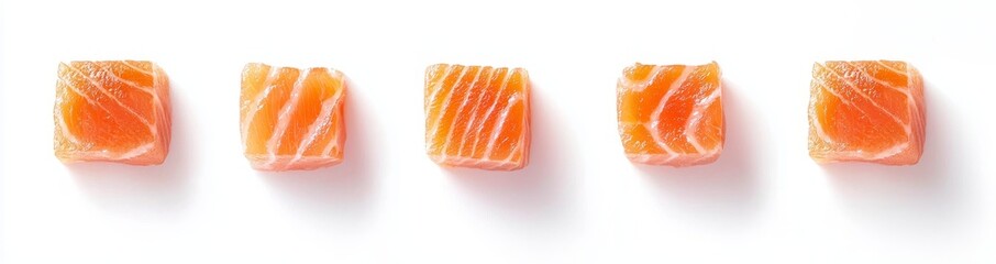 Poster - Salmon cubes isolated on a white background, as well as raw fish salmon sashimi slices.