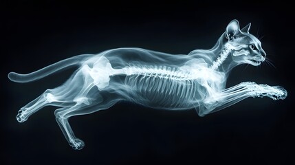 X-ray of a Cat in Mid-Leap: A detailed X-ray image of a cat mid-leap, showing the skeletal structure in motion against a dark background.
