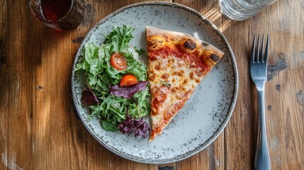 A top view of a plate with a slice of pizza and a side of salad, styled casually on a wooden table.