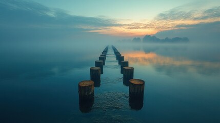 Canvas Print - Misty Morning with wooden Pillars