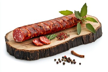 Poster - Top view of Roasted Sausages with herbs, garlic, chili peppers, spices and rosemary isolated on black background, delicious pork sausage menu.
