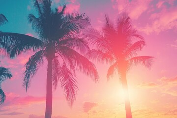 Poster - A vibrant pink and orange sunset sky and palm tree silhouette provide a tropical backdrop for advertising or travel