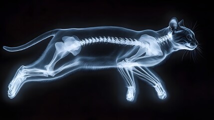 X-ray of a Cat in Mid-Leap: A detailed X-ray image of a cat mid-leap, showing the skeletal structure in motion against a dark background.
