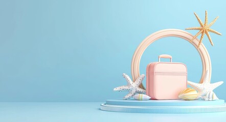 Poster - Displayed on a podium on a sandy beach decorated with suitcases, sea, and umbrellas in summer concept.