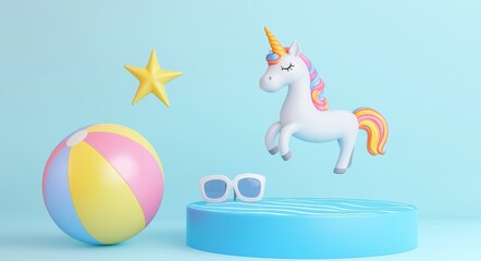 Poster - A 3D render showing a falling summer element, including a unicorn, beach ball, umbrella, hat, and a pastel display podium stand.
