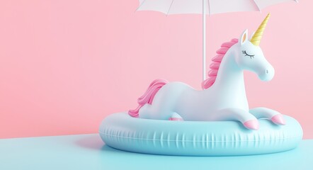 Poster - 3D render of podium display with unicorn inflatable, beach ball, umbrella and umbrella with pastel backdrop.