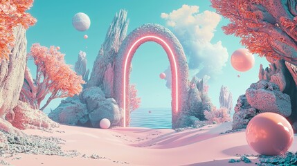 Aufkleber - A 3D render of a lush background of sky and sea with a golden tree, reflection glass ball, and corals in a surreal landscape pastel island.
