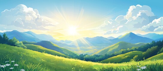 Poster - In this illustration, you can see green fields, green hills, and a bright blue sky at dawn.
