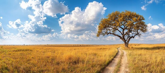 Canvas Print - Scenery with a field of trees and a dirt road as the sun sets.