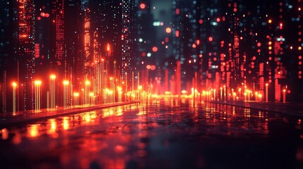 A digital environment with glowing lights and bars illustrating dynamic information flow.