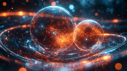 Poster - This captivating close-up portrays a glowing sphere surrounded by glowing orbs and dynamic waves, demonstrating the beauty of abstract art.